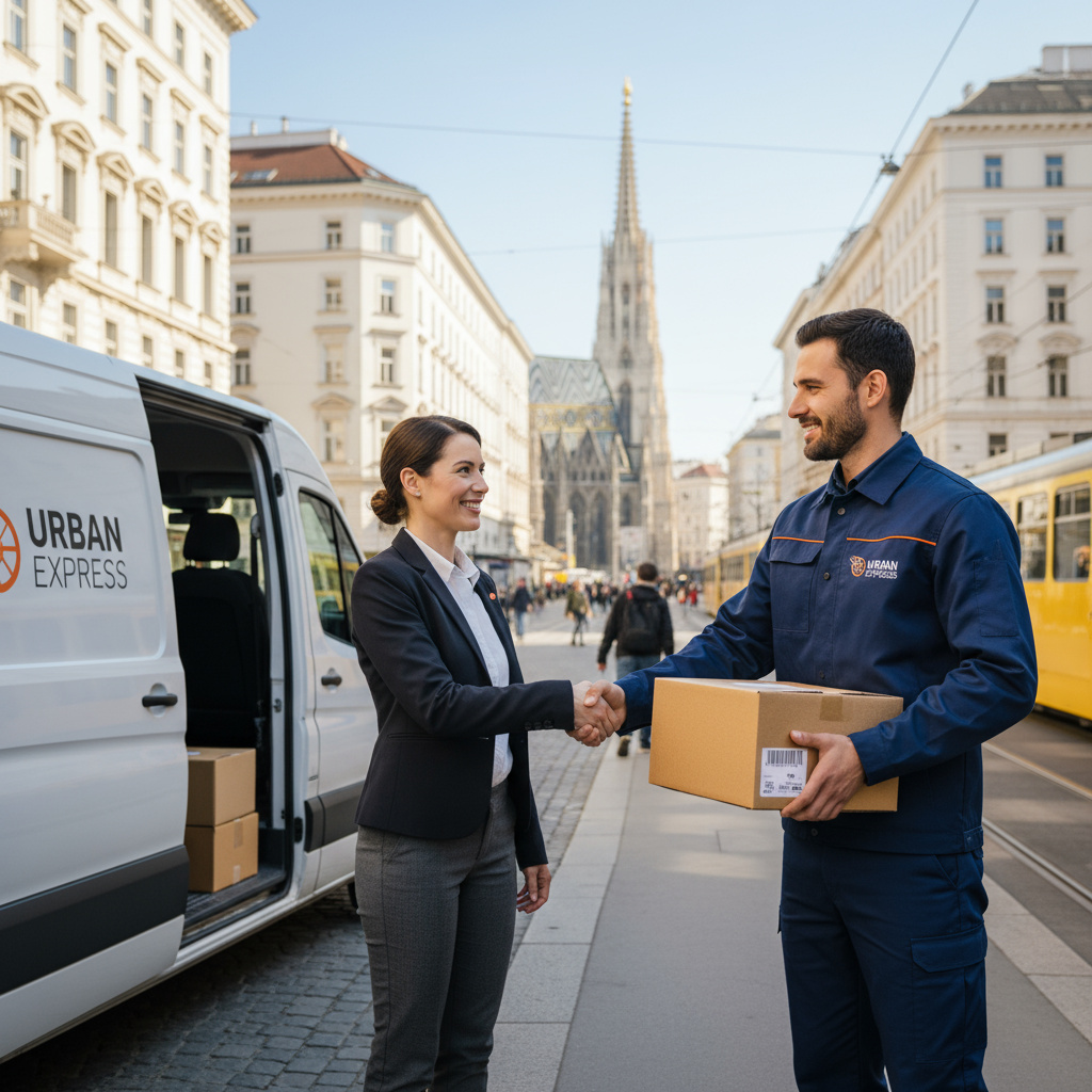 Kurier liefert Paket in Wien – Van und Paketübergabe