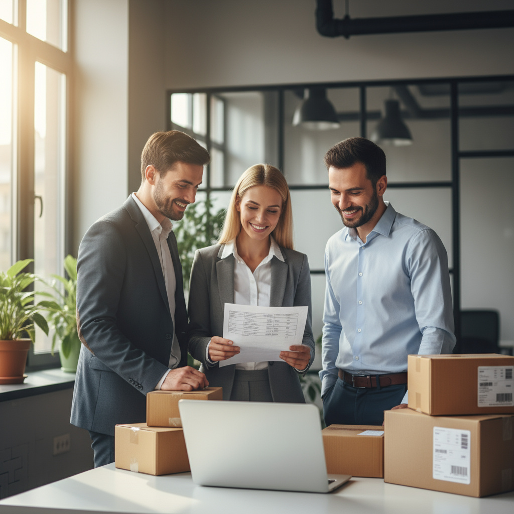 Team betrachtet Lieferdokumente im Büro